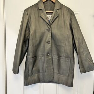 Atlantic Beach Vtg Genuine Leather Metallic Silver Gray Jacket Coat Women's Sz M
